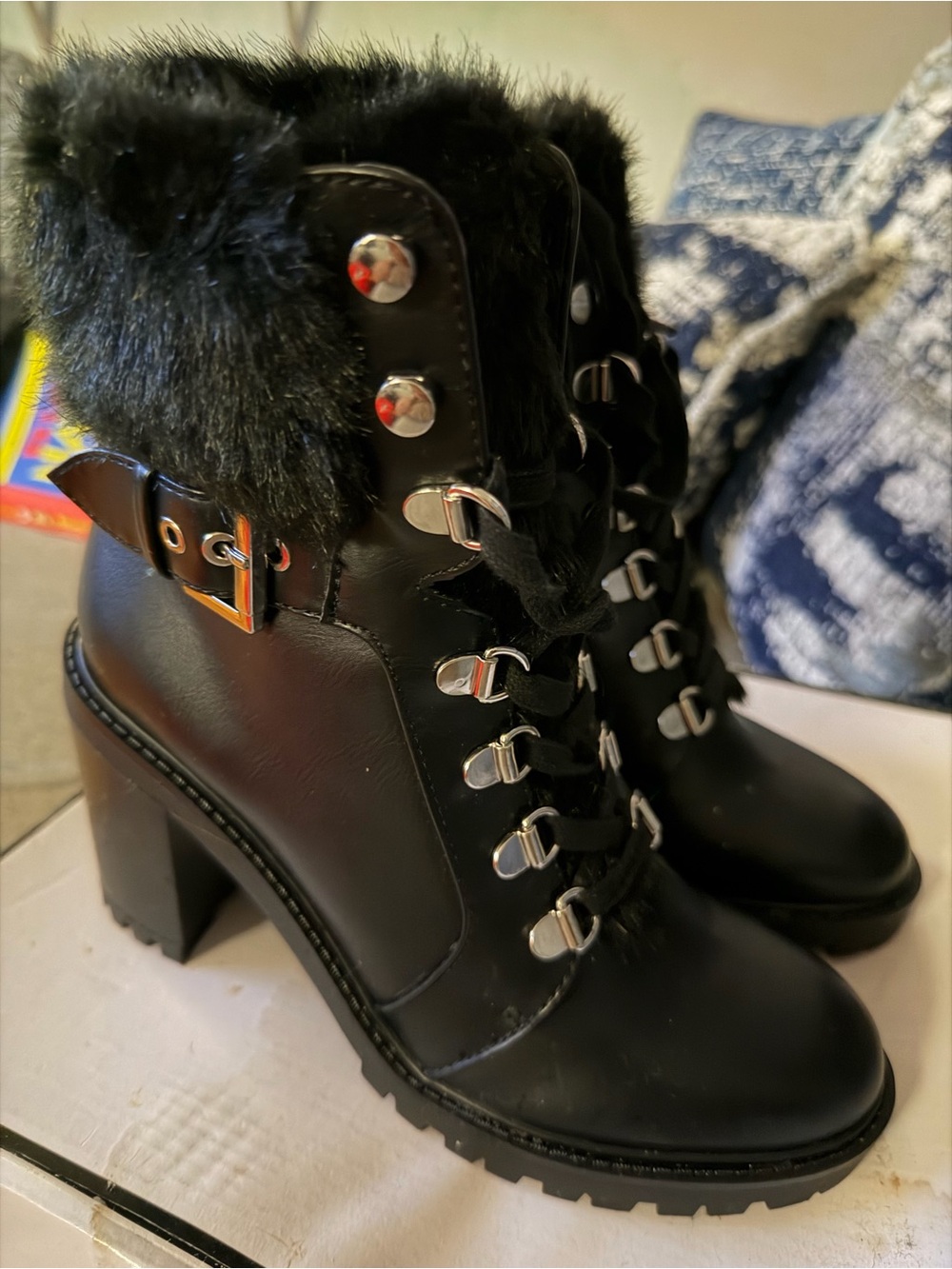 G by Guess Black Fur-Trim Lace-Up Block Heel Boots